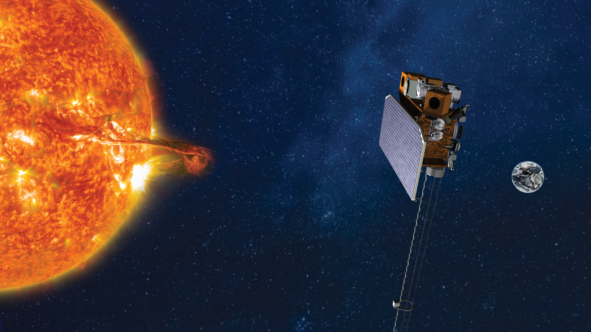 Artist depiction of the SWFO satellite in space with the Sun and Earth in view.
